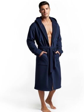 Dude Robe Navy Blue Hood Cotton Terry Lined Belted Men's Size L/XL